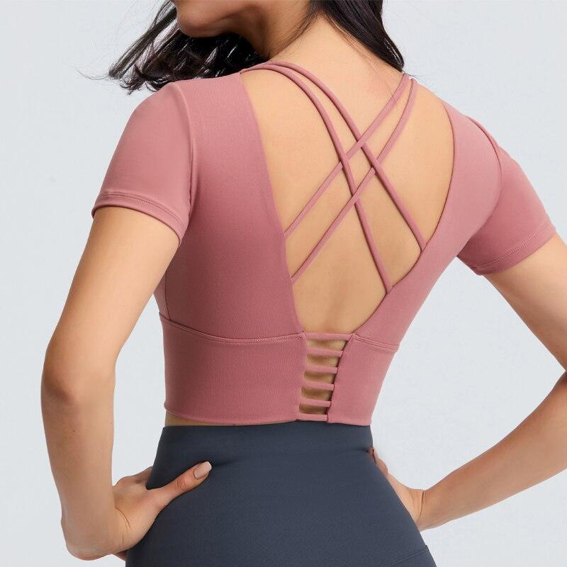 Ruched Backless Yoga Shirts Women Built In Bra Gym Fitness Crop