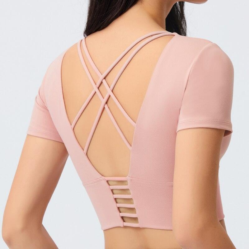Seamless Backless Crop Short Sleeve Top with Built-in Bra For