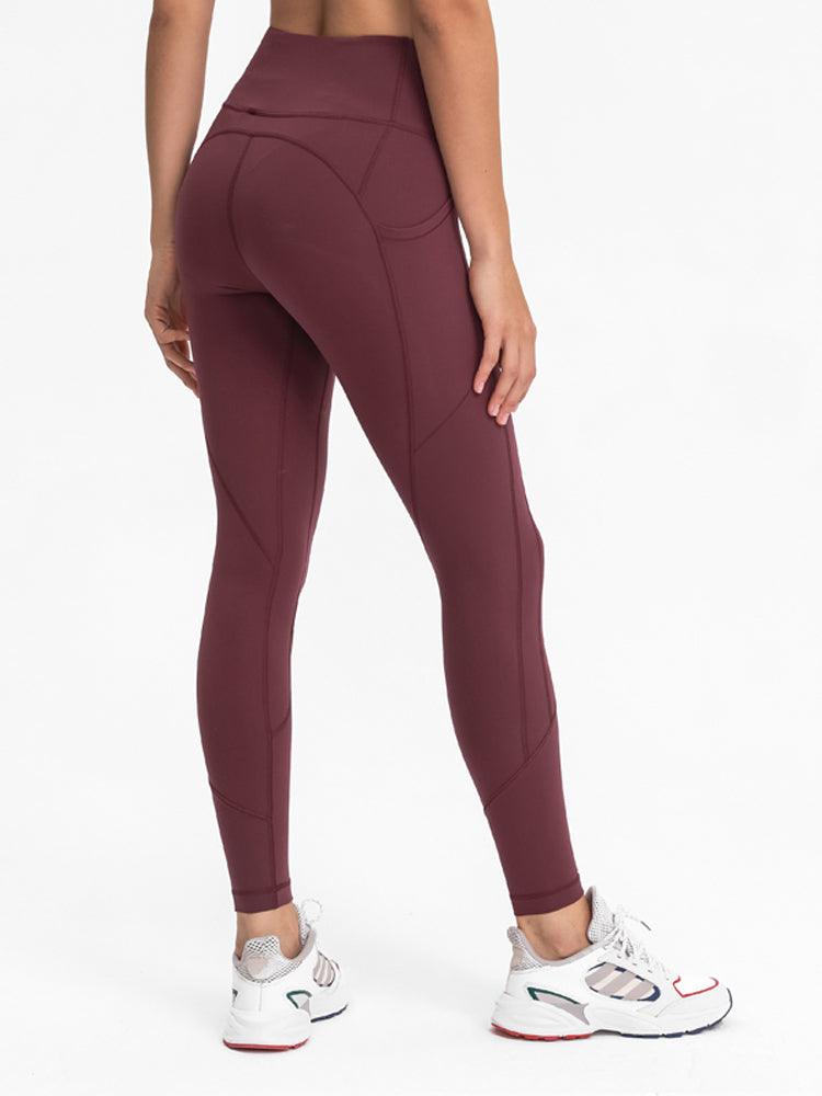 Made by Johnny Women's Peached Front Seamless Leggings with Inner Pocket  Full-Length Yoga Pants XS WINE 